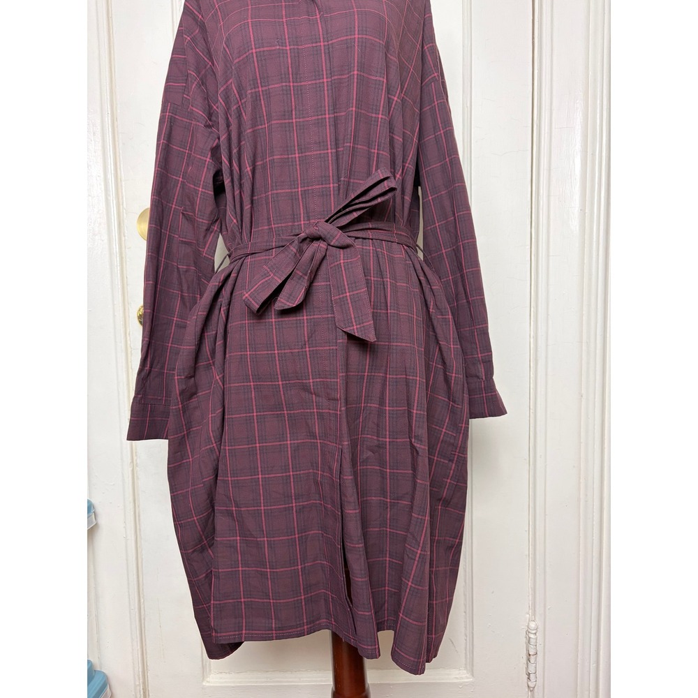 Maison Anana Womens Burgundy Plaid Cotton Long Sleeve Belted Shirt Dress Size S‎ - Picture 3 of 8